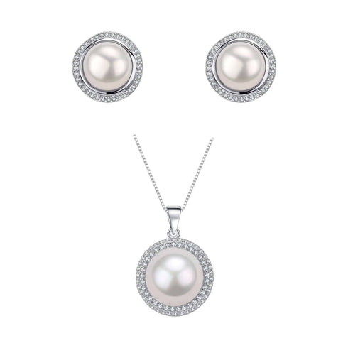 Classic White Freshwater Button Pearl Pendant Ear Stud Earrings Set - House Of Pearls